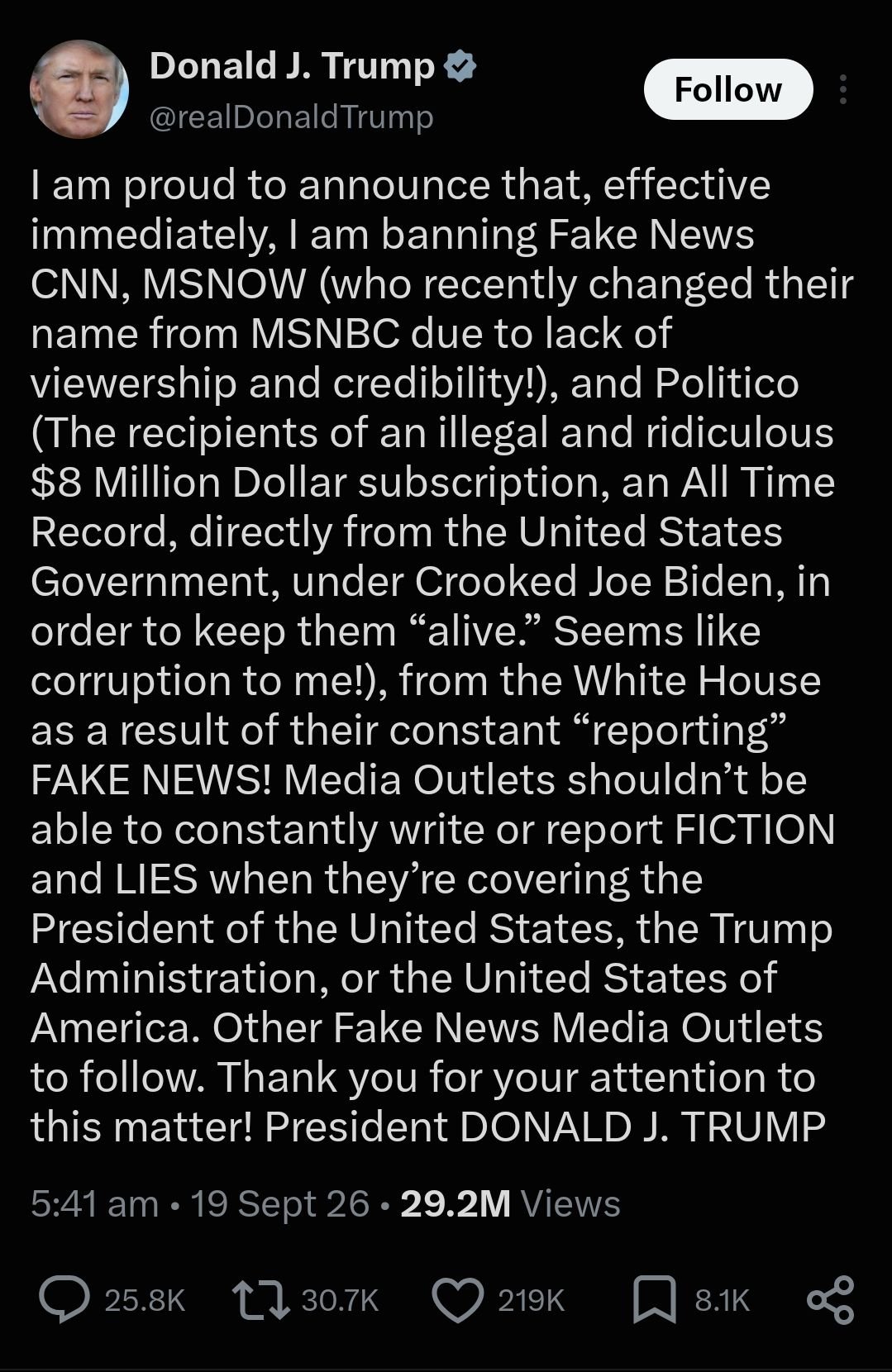trump-cnn-ms-now-politico-white-house-ban.webp “19 सितंबर 2026 की डोनाल्ड ट्रंप की ट्विटर पोस्ट का स्क्रीनशॉट, जिसमें CNN, MSNBC और Politico पर फेक न्यूज और भ्रष्टाचार का आरोप लगाते हुए उन्हें प्रतिबंधित करने का दावा किया गया है।”